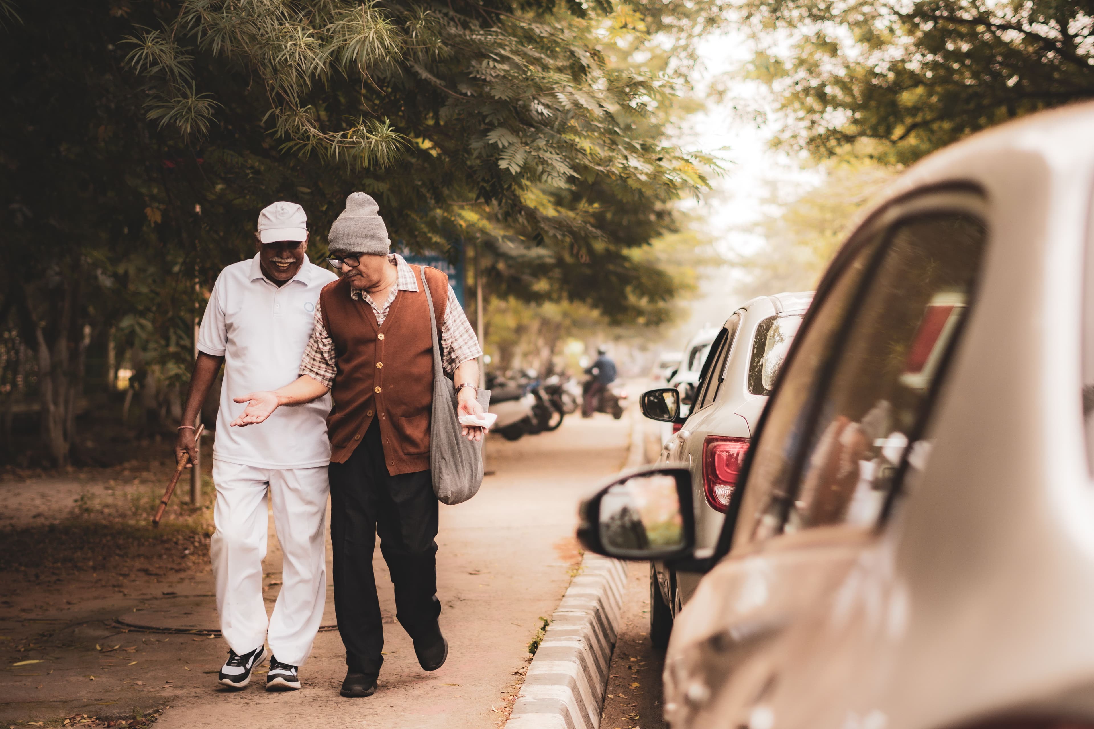 Two elderly Indian men walking arm-in-arm on a tree-lined city sidewalk